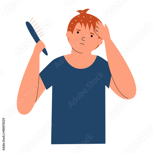 A little boy with a comb in her hand suffers from dandruff. Development of seborrheic dermatitis on the scalp. Vector illustration