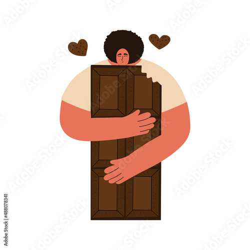 A young man hugs a large bar of dark chocolate. Sweet food love concept. Vector illustration in flat style