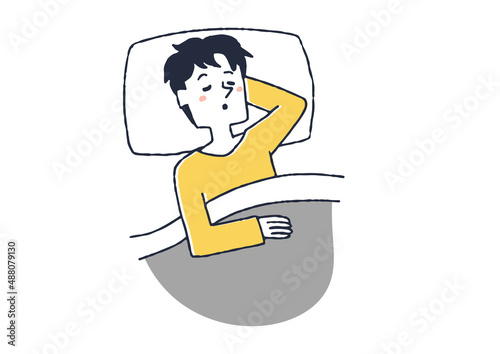 ぐっすり眠っている男性　コミカルな手書きの人物イラスト　ベクター線画にシンプルな色つけ　白バック
