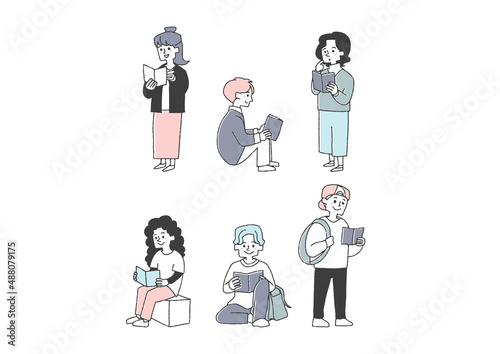 本を読み知識を得る人々のセット　コミカルな手書きの人物イラスト　ベクター線画にシンプルな色つけ　