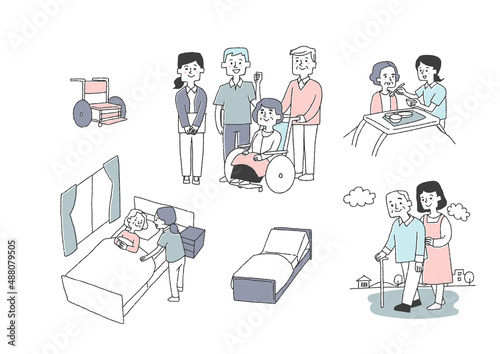 介護に関するイラストセット　コミカルな手書きの人物イラスト　ベクター線画にシンプルな色つけ　白バック
