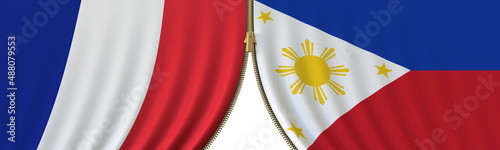 France and the Philippines political cooperation or conflict, flags and closing or opening zipper, conceptual 3D rendering