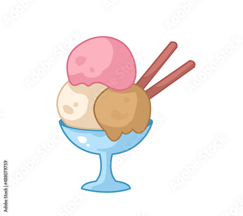 Ice cream in a vase with wafer rolls, chocolate, strawberry and vanilla. Vector illustration of children's dessert in cartoon childish style. Isolated funny clipart on white background. cute print.