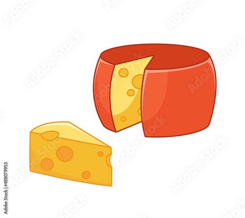 Holland cheese set, head and triangular piece of cheese with holes. Vector illustration of dairy products in cartoon childish style. Isolated funny clipart on white background. cute print.
