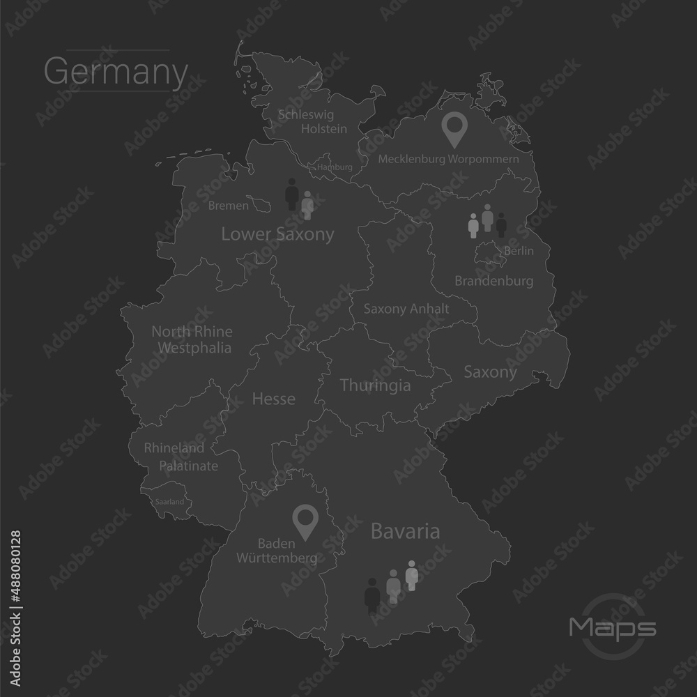 Germany map, individual regions with names, design dark blackboard background vector