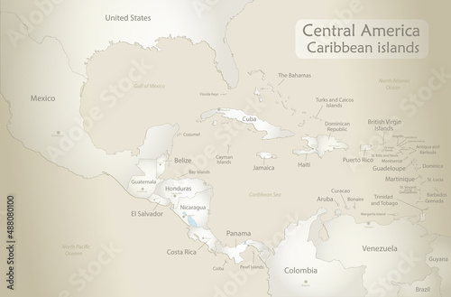 Caribbean islands and Central America map, states and islands and capitals with names, old paper background vector