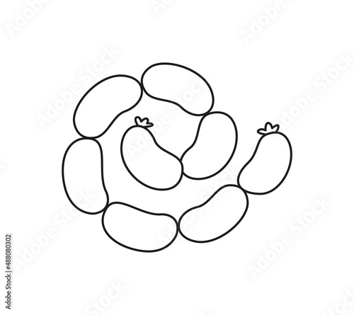Bunch of sausages or pork sausages, black line. Vector illustration of meat food in cartoon childish style. Isolated funny clipart of soy sausages on white background. cute print.