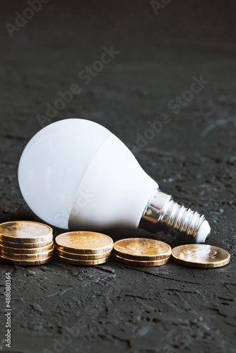 Energy saving. Energy saving light bulb. Money coins on a dark background. Energy saving. Stack of coins.Environmental protection