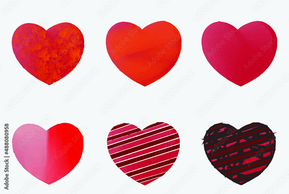 Watercolor red heart shapes icons set vector template for you