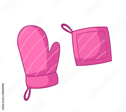 Pink glove and potholder for kitchen and cooking. Vector illustration in cartoon childish style. Isolated funny clipart on white background. cute print.