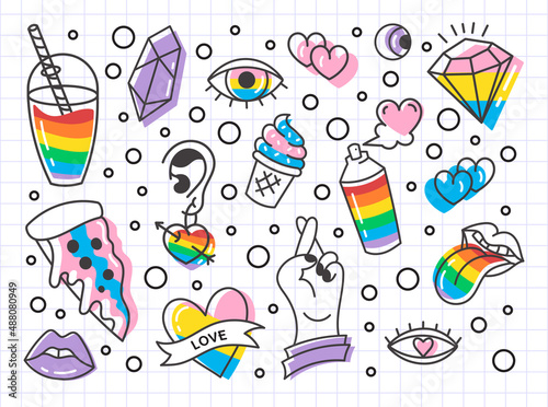 A set of LGBTQ+ community elements.Rainbow, abstraction,hand, sweets, hearts.