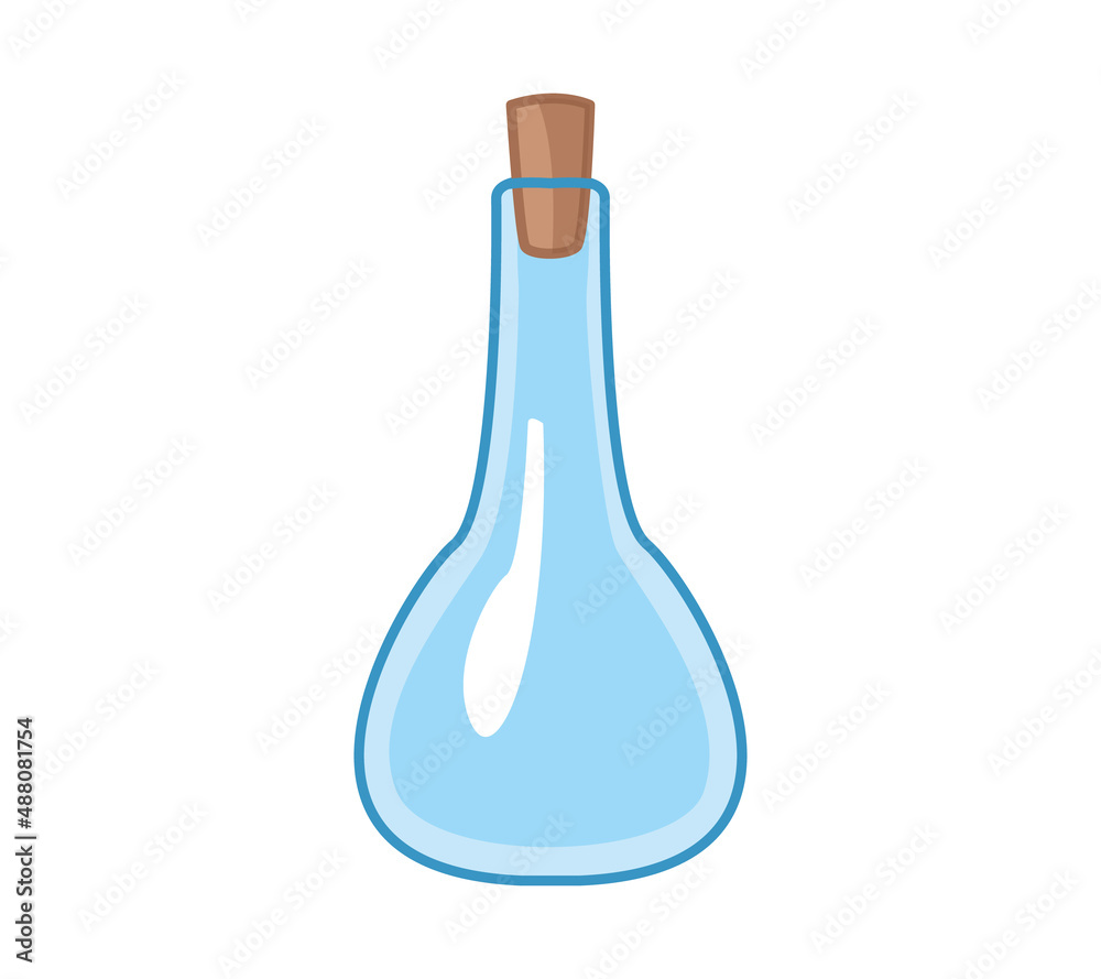 Glass empty vessel with stopper, flask for liquid. Vector illustration of kitchen utensils in cartoon childish style. Isolated funny clipart on white background. cute print. Glass empty vessel with stopper, flask for liquid. Vector illustration of kitchen utensils in cartoon childish style. Isolated funny clipart on white background. cute print.