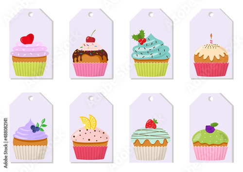 Cupcakes with cream and chocolate set. Price tags  labels  signs  postcards. Sweet muffin collections decorated with cherry  blackberry and mint  candle  lemon  cookie  strawberry. Vector illustration