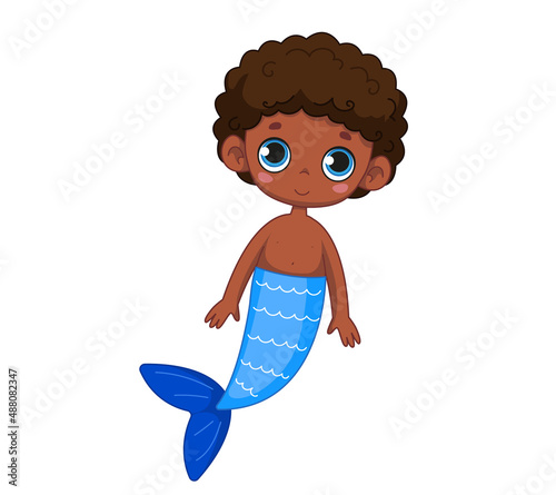 A cute little black boy with a blue mermaid tail. Vector illustration of magic character in cartoon childish style. Isolated funny clipart on white background. Cute mermaid boy print.