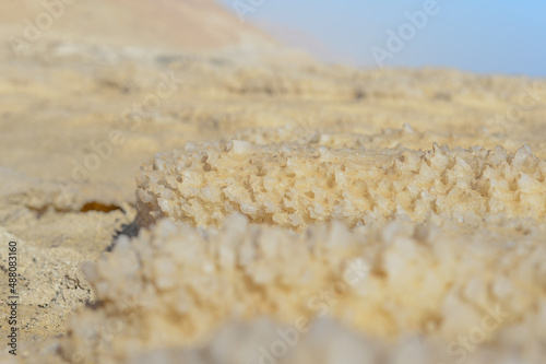 Close up of salt background. Natural salt. Dead Sea salt mineral natural formations. Salt crystals from Dead sea. View of Dead Sea coastline. Texture of Dead sea. Salty seashore rocks