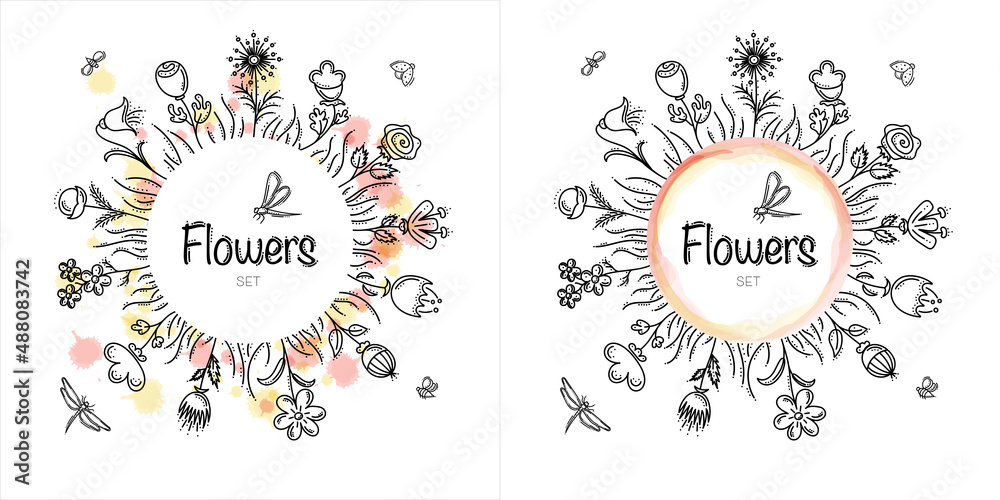 Hand Drawn Flowers Frame With Bees, Ladybird and Dragonflies