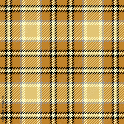 Tartan plaid seamless pattern. Textile geometric ornament. Traditional scottish checkered design in gold, brown, and black colors. For textile design