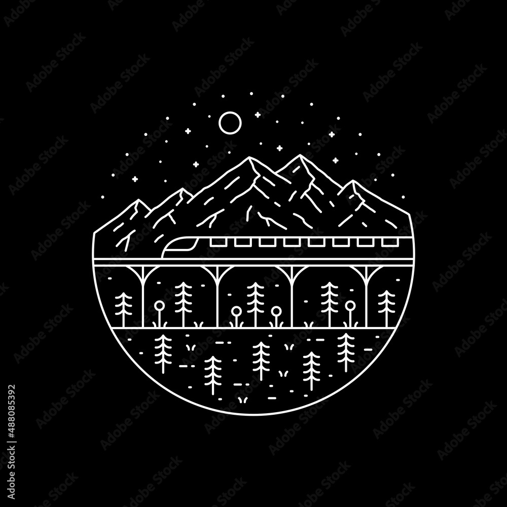 Fototapeta premium view of a train passing by in the background of a mountain and forest in mono line art