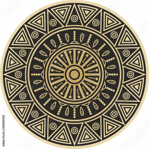 Vector round gold indian ornament. Totem in the circle of Native Americans. Geometric pattern of the peoples of South and Central America, Aztec, Maya, Incas.
