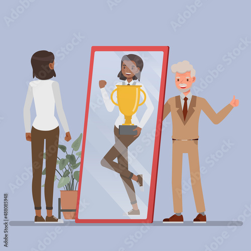 Business motivation concept. Businesswoman looking successful shadow in front of a mirror character vector illustration design.