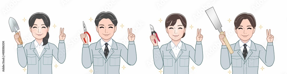 作業着を着た4人 作業着を着た4人