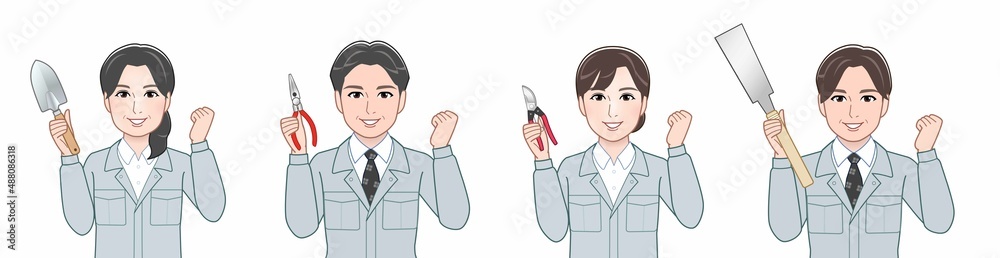 作業着を着た4人