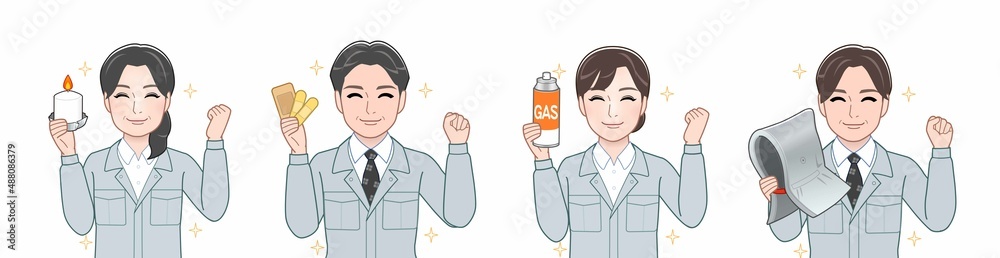 作業着を着た4人