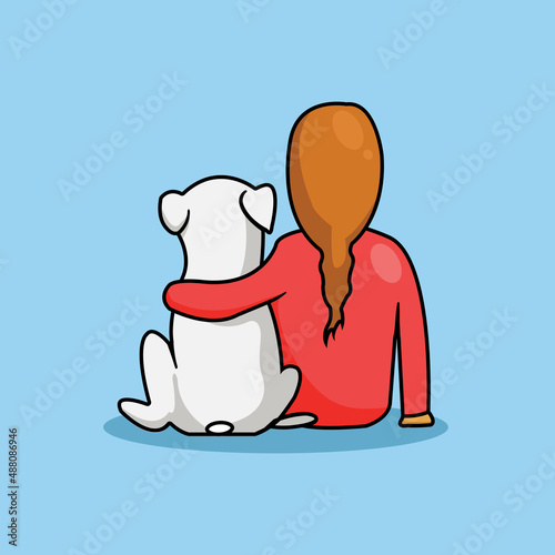 A girl with long hair and her dog, isolated on a blue background.