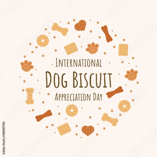 Vector illustration of flat style dog food set, bone cake, as template or banner, International Dog Biscuit Appreciation Day.