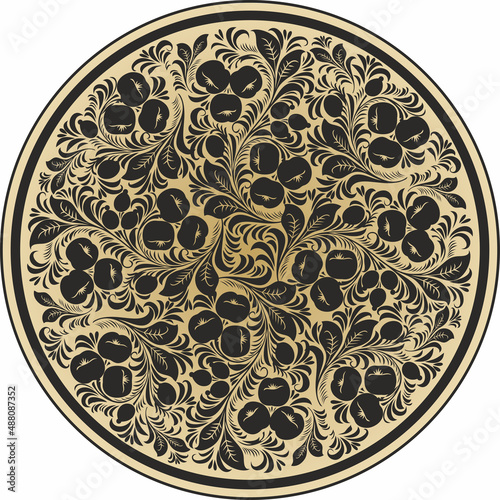 Vector round golden Russian national ornament Khokhloma. Fruit and berry ethnic Slavic pattern in a circle. Painted plate, tray.
