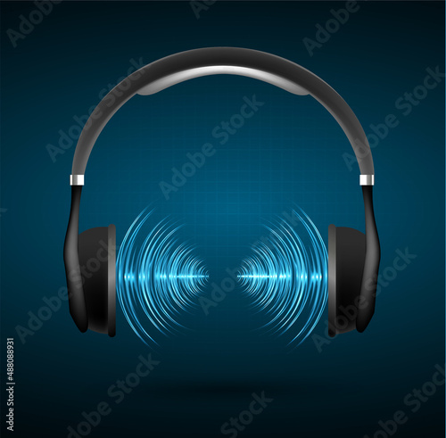Sound waves oscillating dark light. earphone