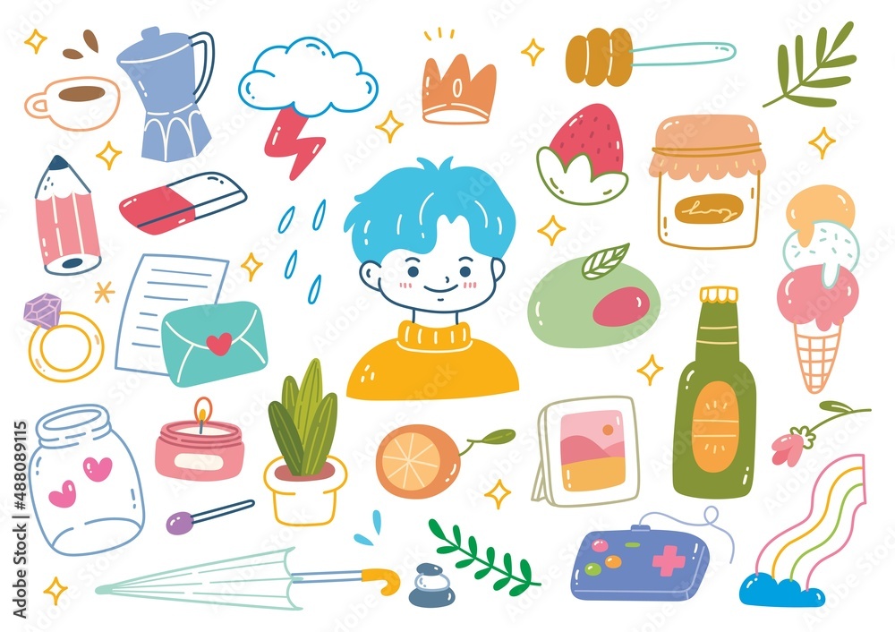 Set of Hand Drawn Kawaii Object Doodle Element vector illustration Set of Hand Drawn Kawaii Object Doodle Element vector illustration