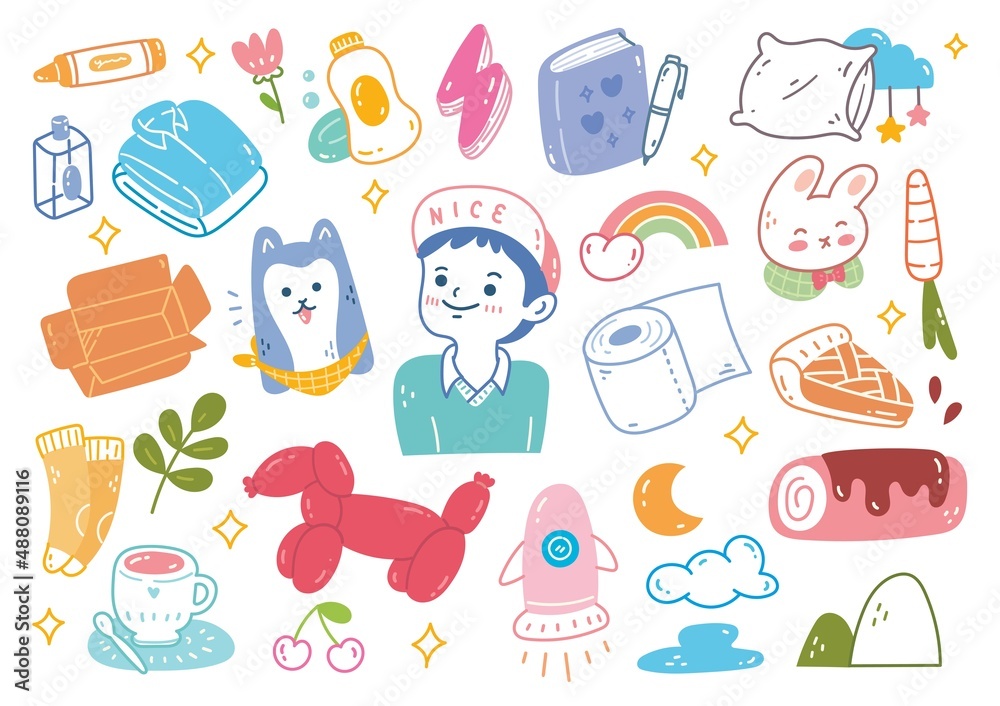 Set of Hand Drawn Kawaii Object Doodle Element vector illustration