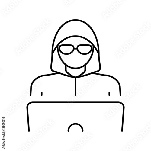 hacker work at laptop line icon vector illustration