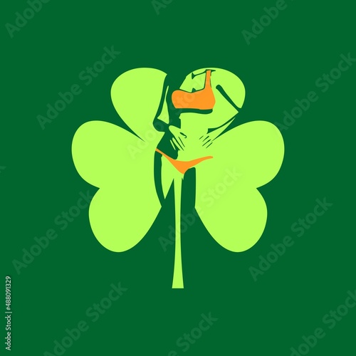 St. Patricks Day greeting card template. Shamrock leaf and silhouette of woman wearing orange lingerie.
