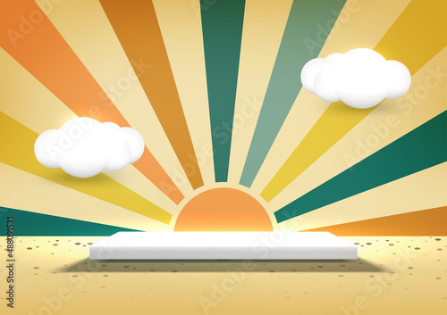 Empty square pedestal for product display in Summertime decorative with clouds on abstract retro sunburst scene background. Vector illustration.