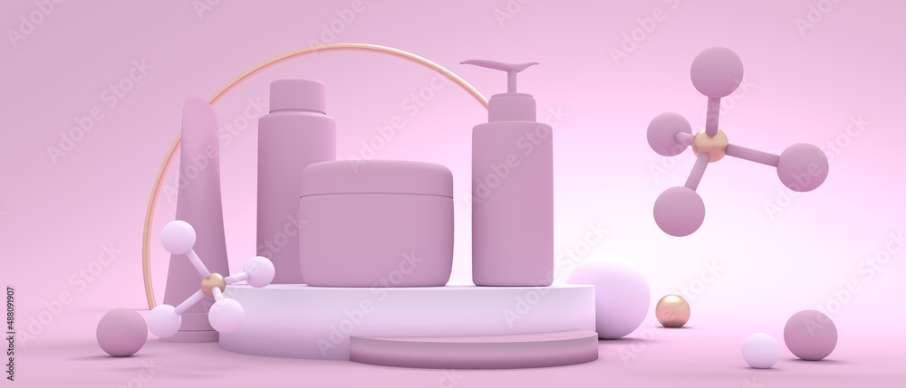 Set of containers for cosmetology products and abstract geometry shapes. 3D render Set of containers for cosmetology products and abstract geometry shapes. 3D render