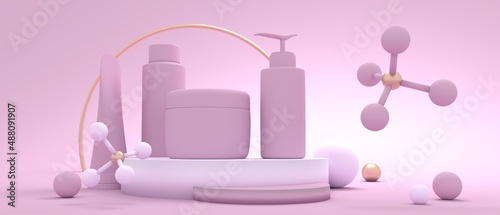 Set of containers for cosmetology products and abstract geometry shapes. 3D render