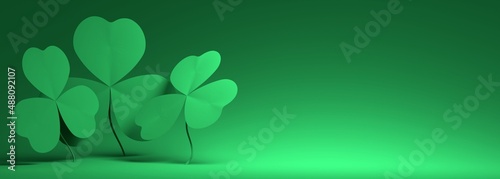 St. Patricks Day greeting card template. Shamrock leafs. 3D render