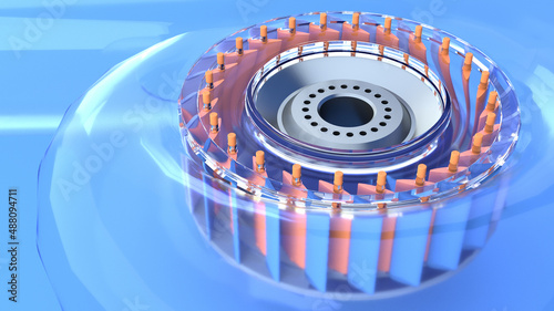 Guide vane in spiral case hydro turbine. Stylized hydroelectric turbine. 3d render photo