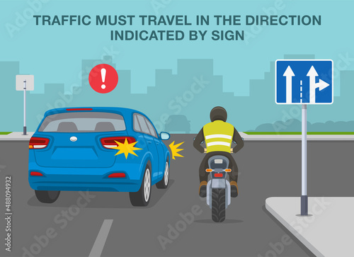 Safety car driving rules and tips. Lane direction road sign meaning. Mandatory movements in lanes rule. Traffic must travel in the direction indicated by sign. Flat vector illustration template.