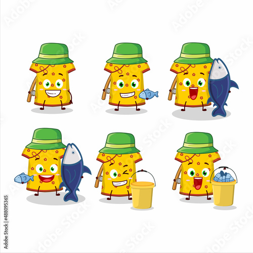 A fisherman yellow clothing kids chinese woman cartoon picture catch a big fish