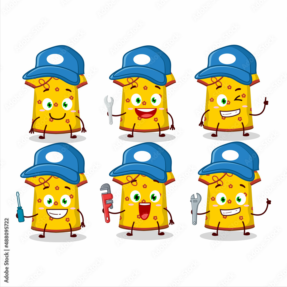 mechanic yellow clothing kids chinese woman cute mascot character with pliers mechanic yellow clothing kids chinese woman cute mascot character with pliers