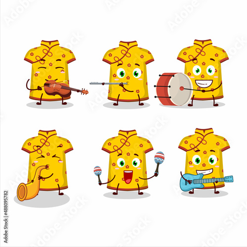 Cartoon character of yellow clothing kids chinese woman playing some musical instruments