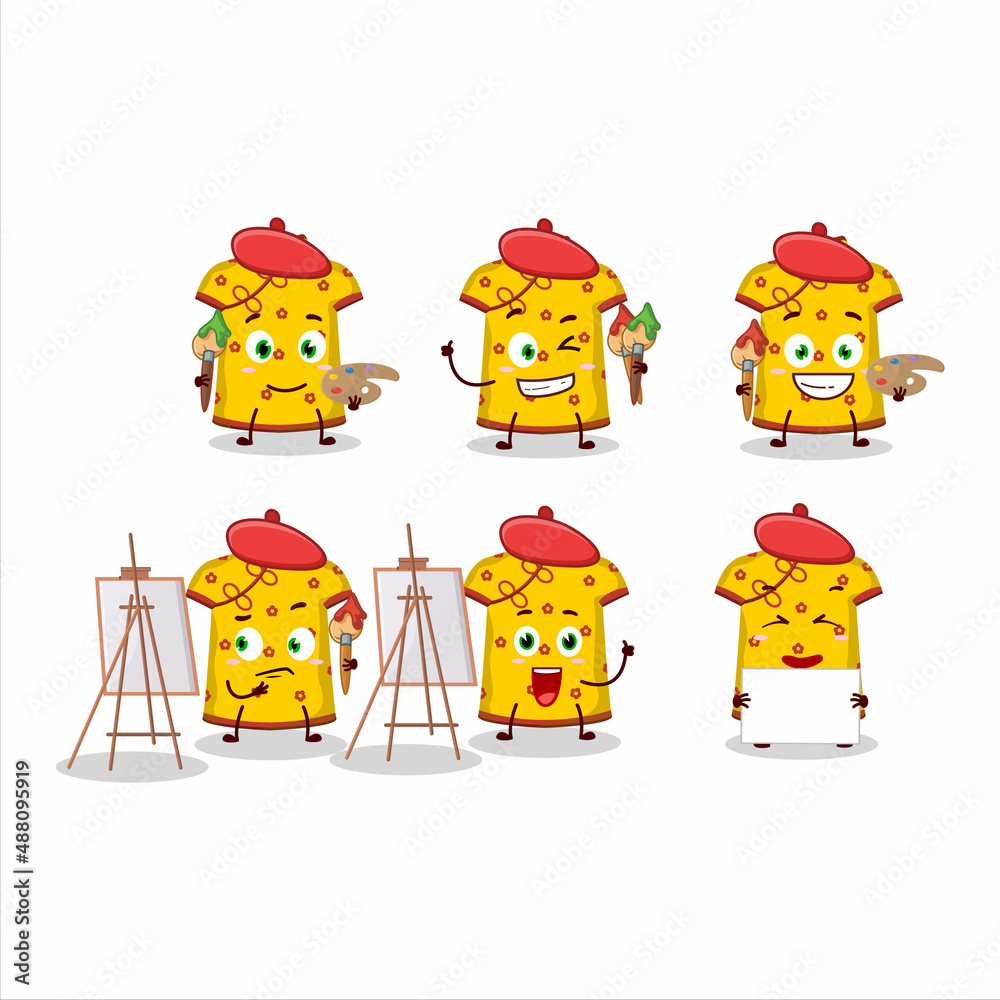 Artistic Artist of yellow clothing kids chinese woman cartoon character painting with a brush Artistic Artist of yellow clothing kids chinese woman cartoon character painting with a brush