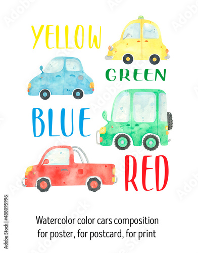 Fotografie Watercolor funny cars poster, print