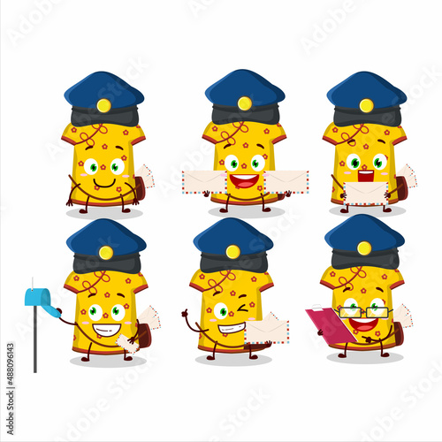 A picture of cheerful yellow clothing kids chinese woman postman cartoon design concept