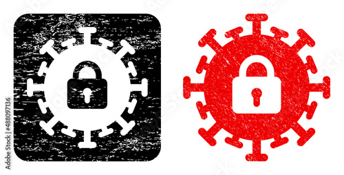 Vector contagious lockdown subtracted icon. Grunge contagious lockdown imprint, done from icon and rounded square. Rounded square stamp seal include contagious lockdown subtracted shape inside.