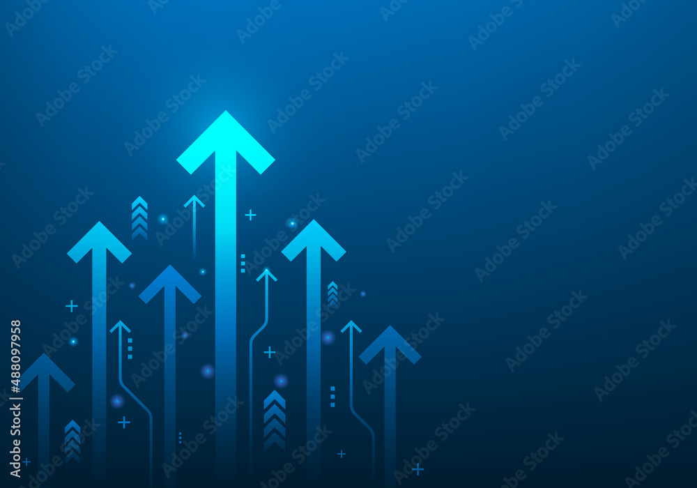 business digital arrows up to goal on blue dark background.  rate of return investment chart vision for financial. growth business concept. copy space for text. Vector illustation abstract futuristic. - obrazy, fototapety, plakaty 