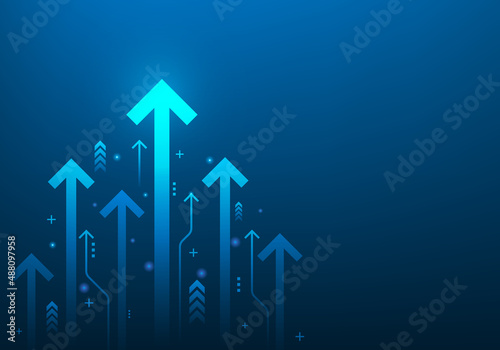 business digital arrows up to goal on blue dark background.  rate of return investment chart vision for financial. growth business concept. copy space for text. Vector illustation abstract futuristic. photo